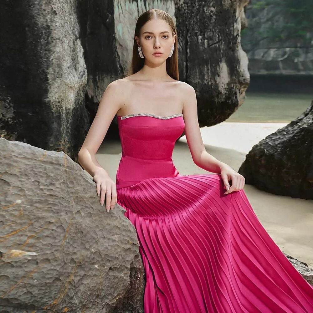 Rose Red Sexy Strapless Slim Fit Long Dress - REBECATHELABEL