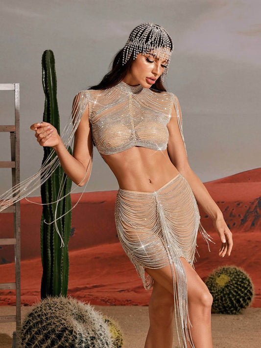 Crystal Chain Skirt Set In Silver - REBECATHELABEL