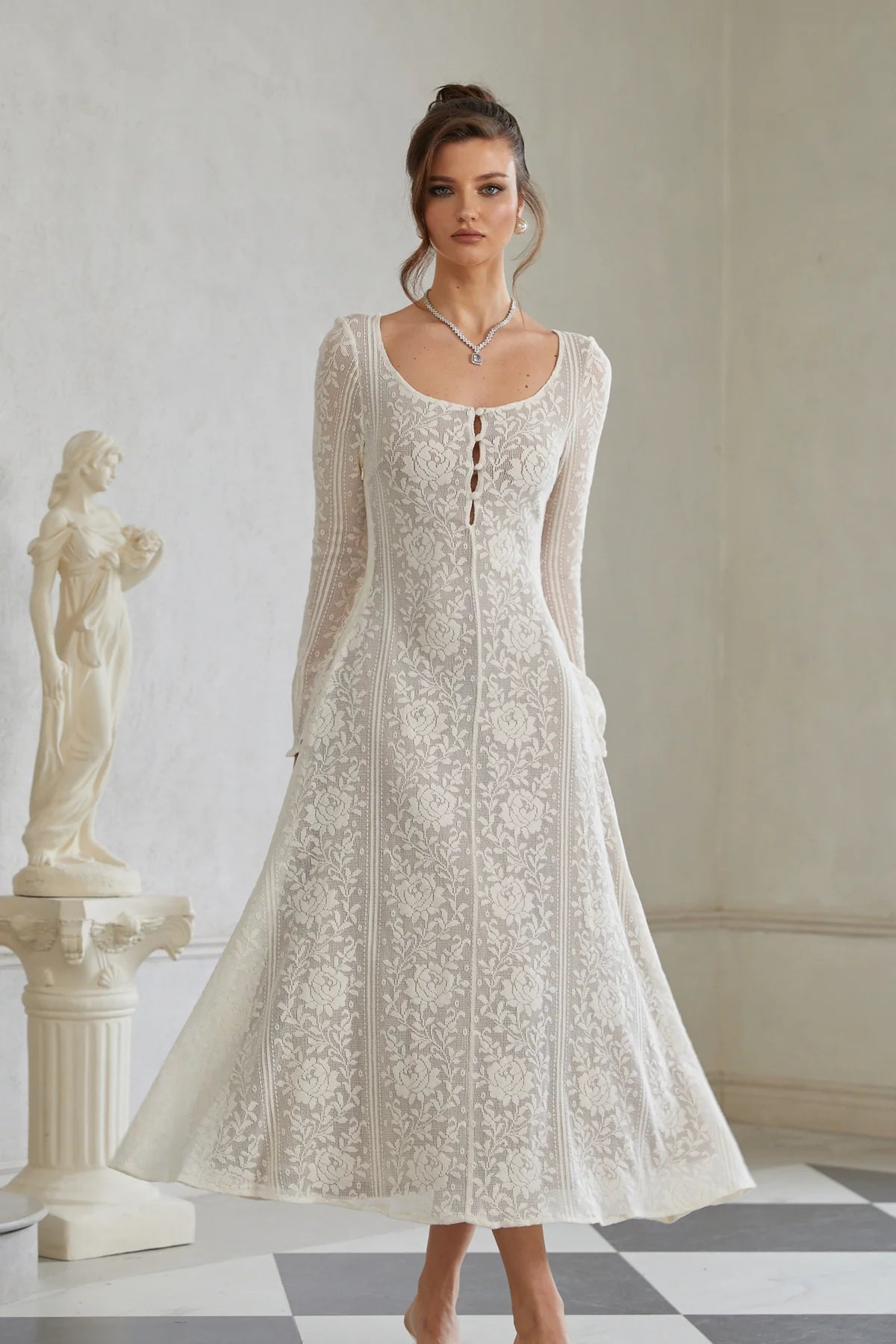 White Flared Crochet Knit Midi Dress