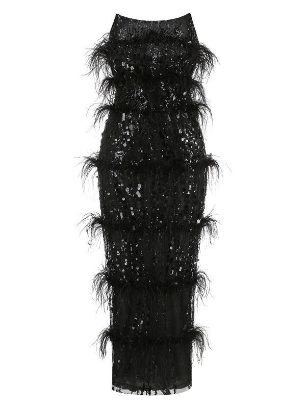 Sleeveless Feather Strapless Backless Sequin Maxi Dress