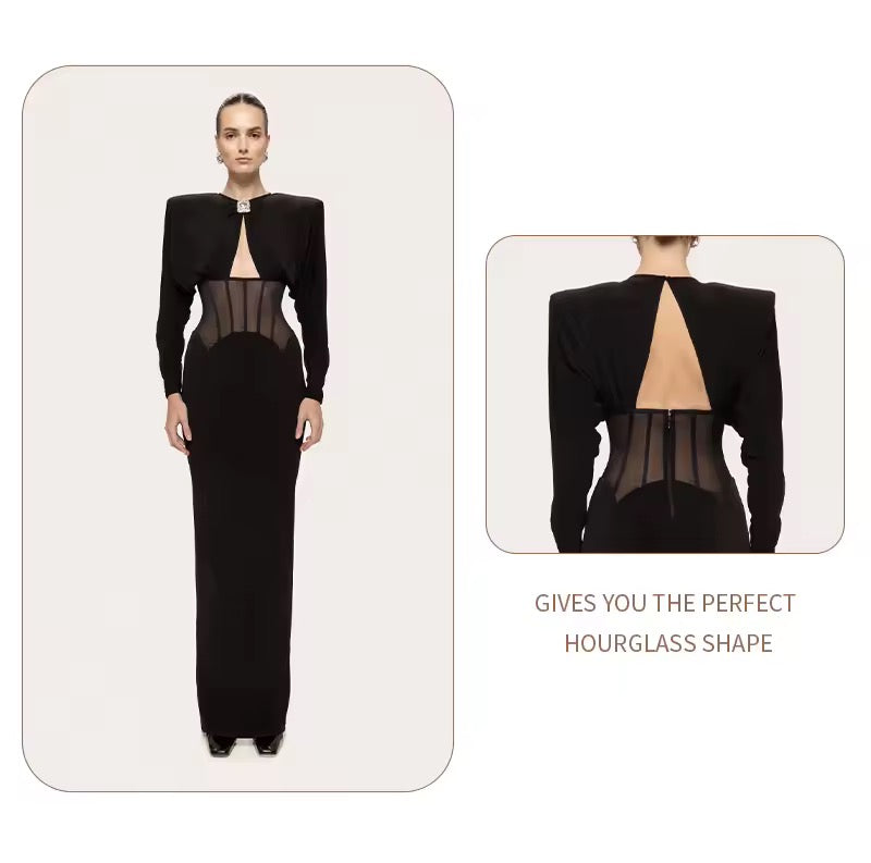 Mesh Corset Waist Long Sleeve Slim Fit Party dress