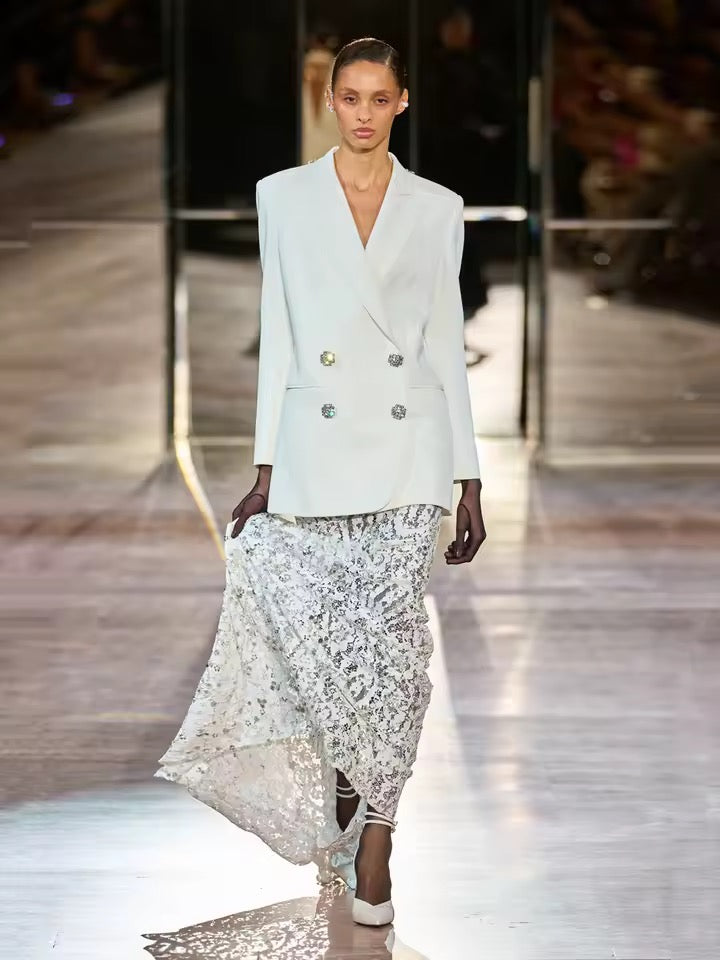 Diamond Backless Blazer Sequin See Through Lace Skirt set