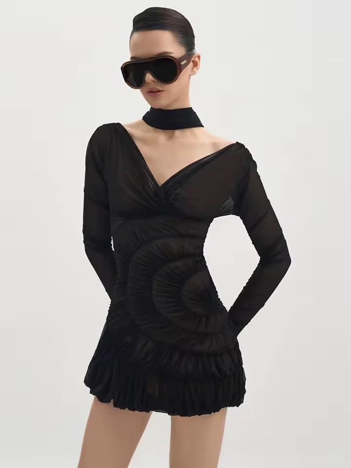 V Neck Mesh Bubble Mini Dress