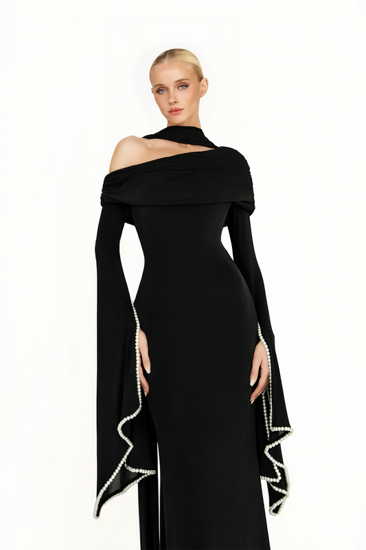 Black One Shoulder Pearl Trim Maxi Gown