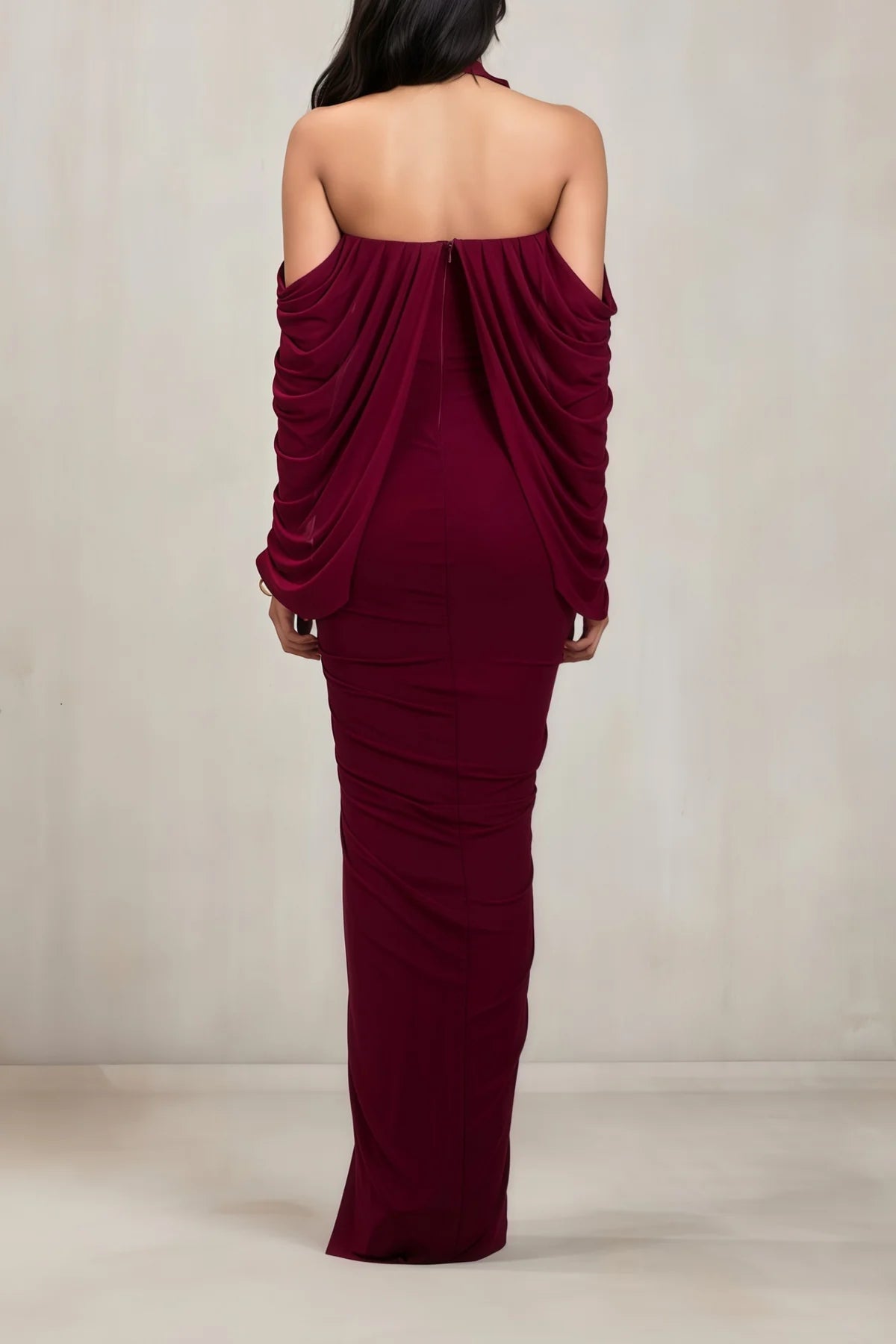 Red Cold Shoulder Draped Maxi Dress