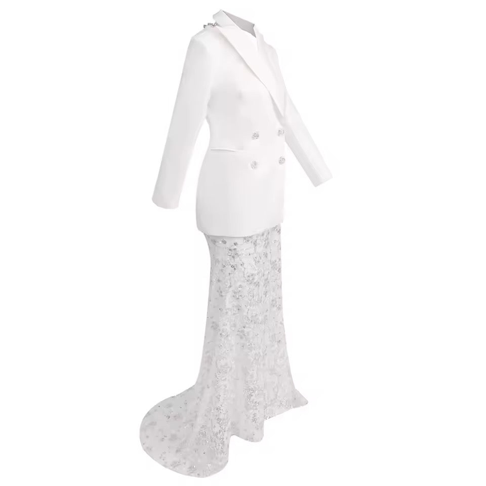 Diamond Backless Blazer Sequin See Through Lace Skirt set