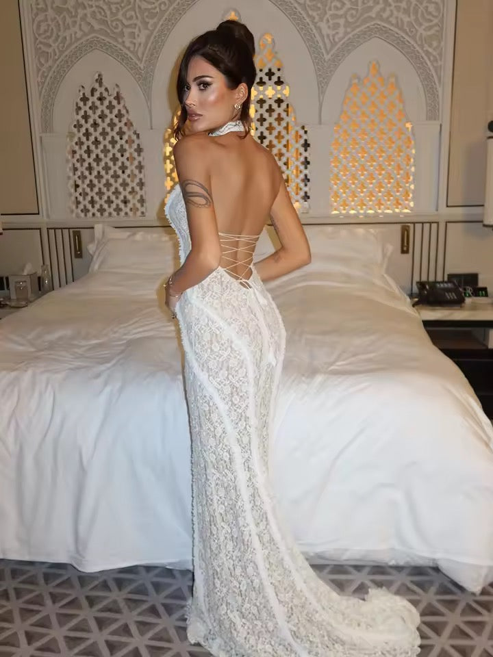 Backless lace-up Bridal Halter Sleeveless Gown dress