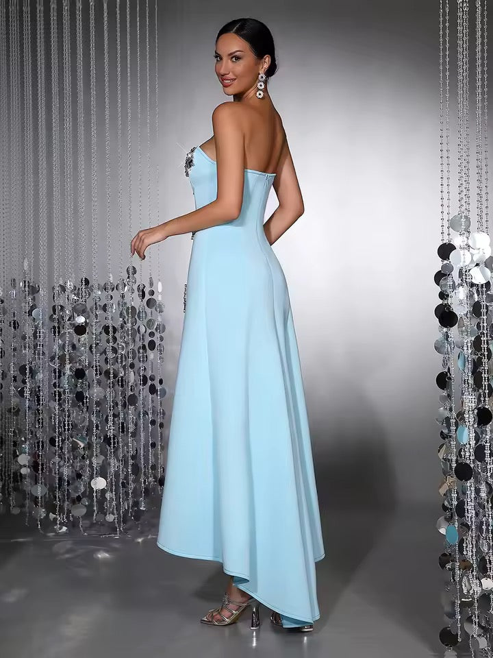 Solid Diamond Elegant Strapless Sleeveless High Waist Asymmetric Long Dress