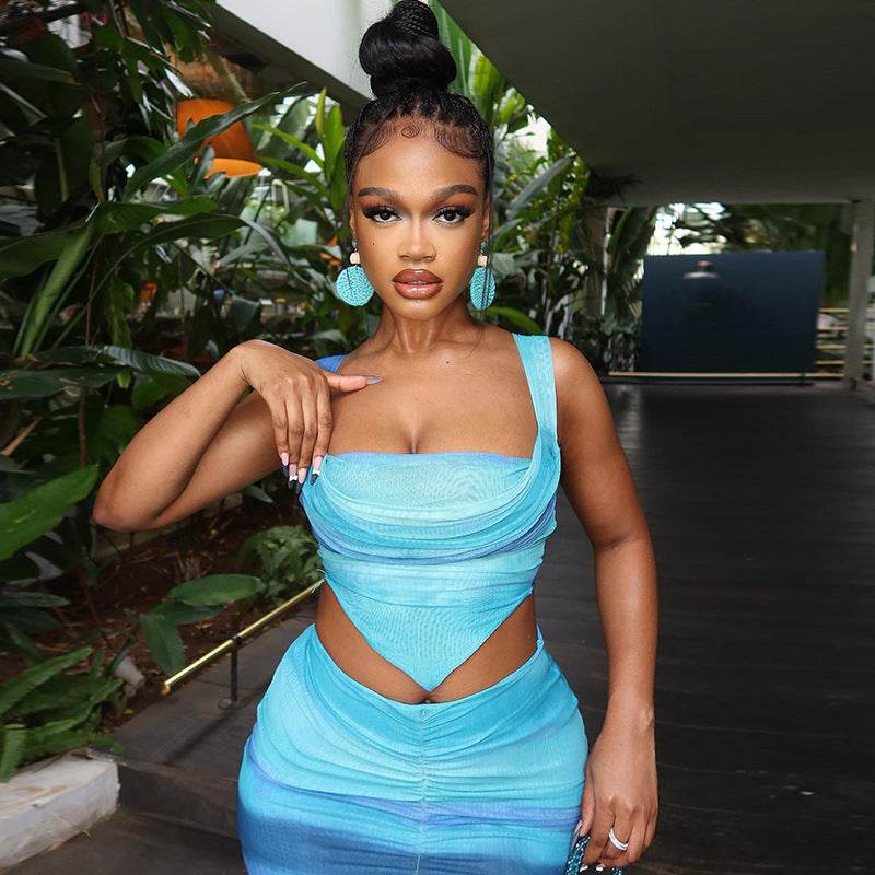 Printed Skirt Set Sexy Lacing Small Vest Split Skirt Set - REBECATHELABEL