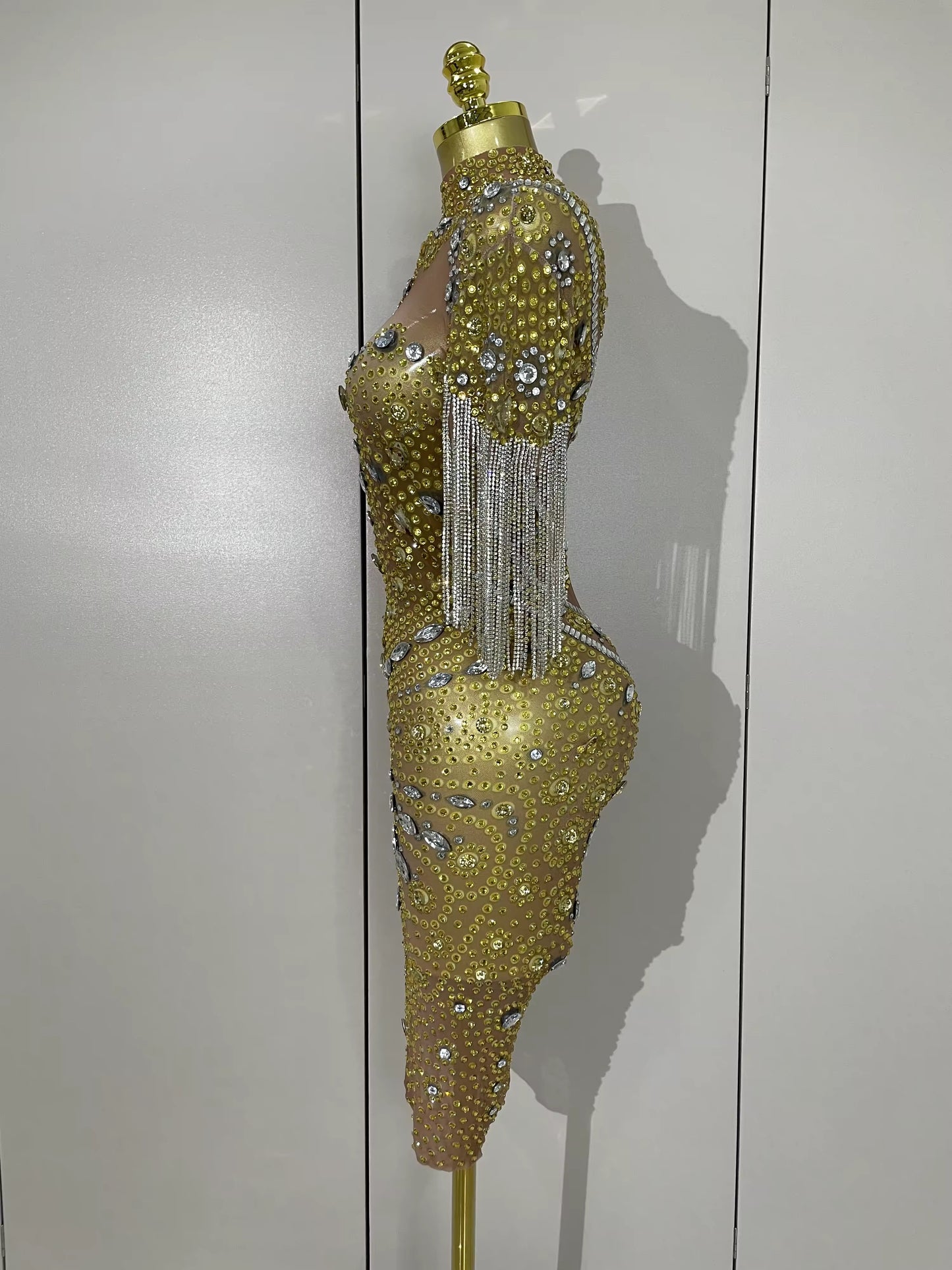 Shining Diamonds Tassel Sexy Mesh See Through Dress