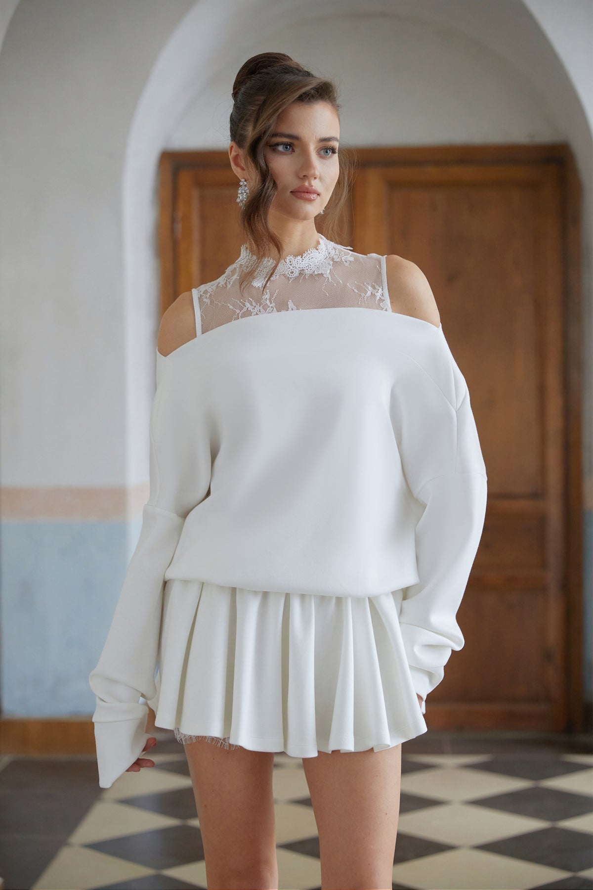 White Lace Detail Mini Sweatshirt Dress