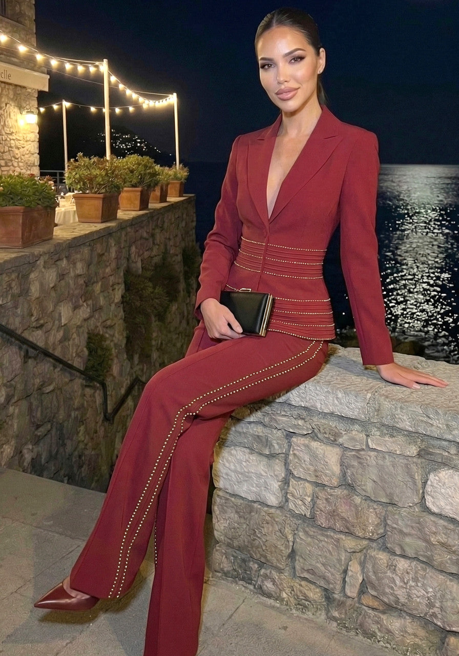 Embellished Trim Suit Dark Red