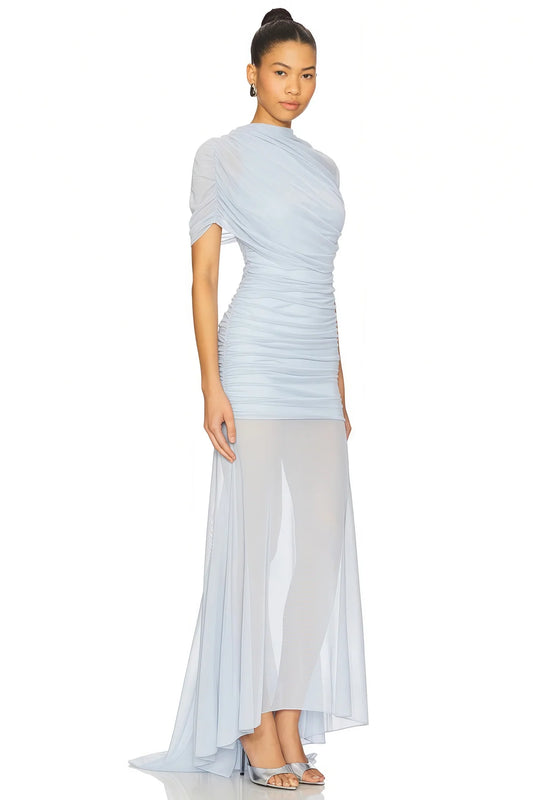 Blue Asymmetrical Ruched Mesh Maxi Dress