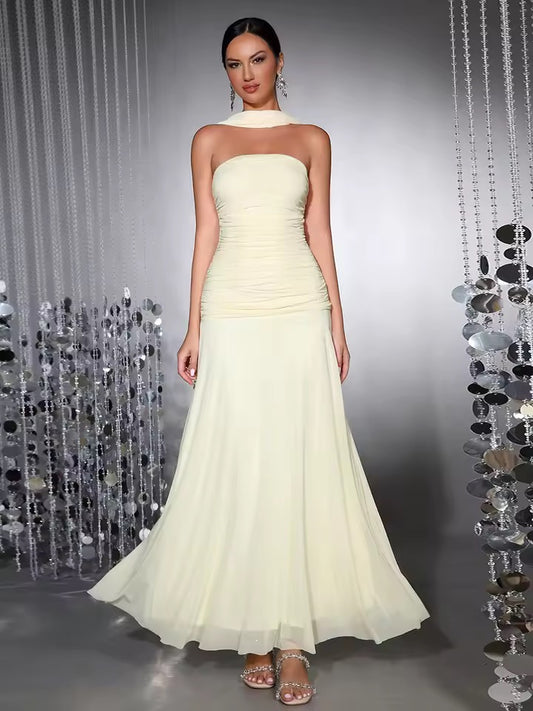 Strapless Ribbon Mesh Fold Maxi Dress