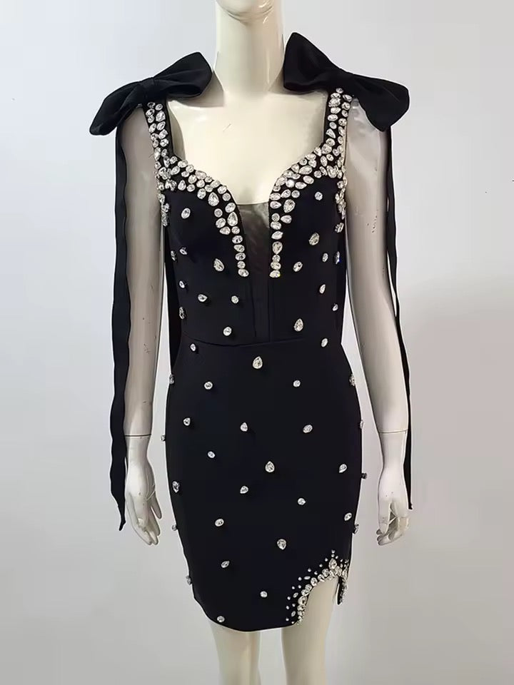 Tie Bow Spaghetti Strap Black Sexy Diamond Tight Mini Dress