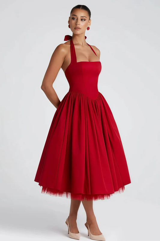 Red Layered Flared Hem Midi Dress