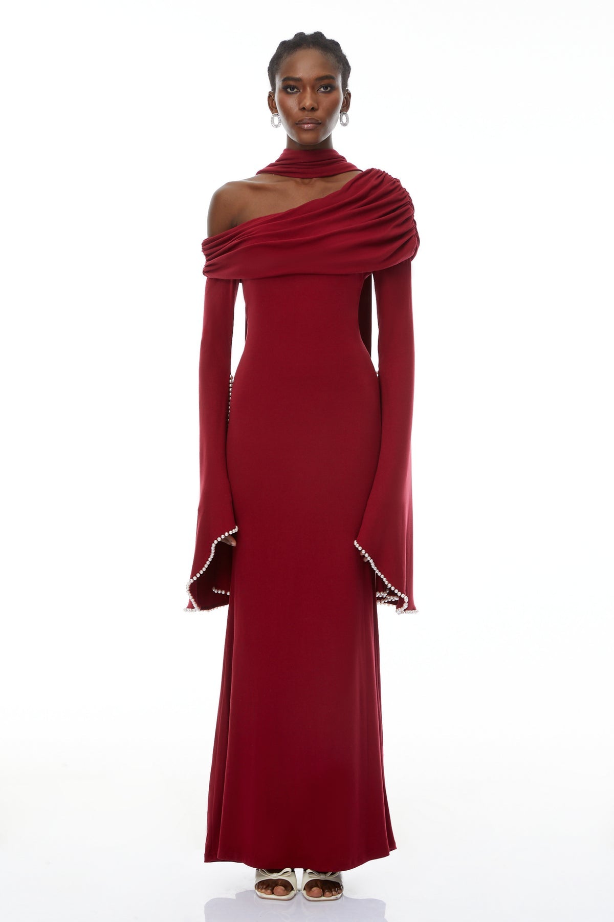 Burgundy One Shoulder Pearl Trim Maxi Gown