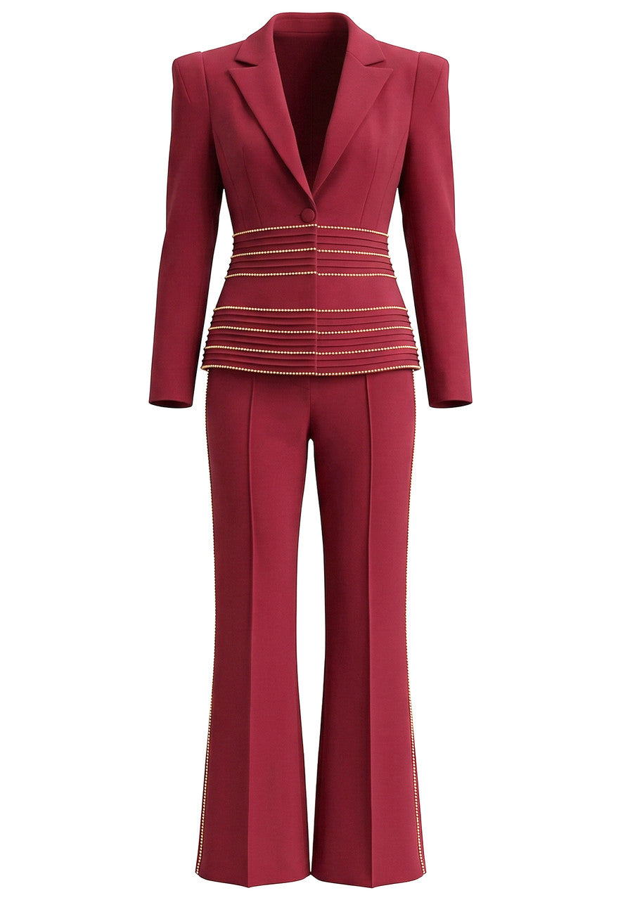 Embellished Trim Suit Dark Red