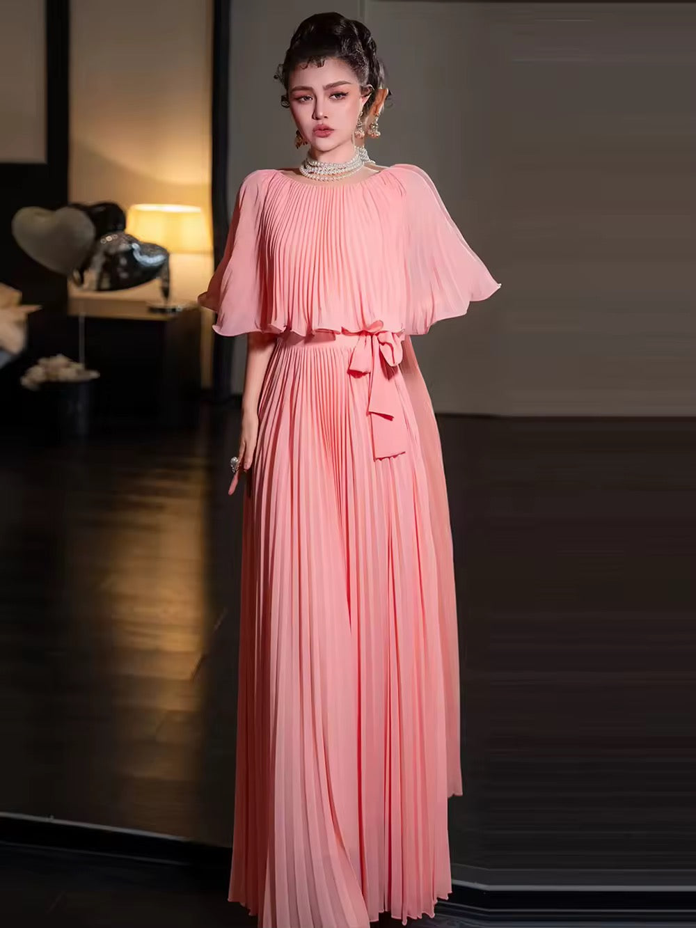 Round Neck Cape Fold Design Slimming Long Dress