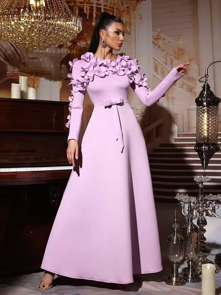 Splicing Appliques Long Sleeves High Waist Large Hem A-Line dress