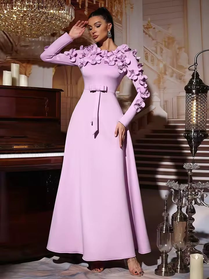 Splicing Appliques Long Sleeves High Waist Large Hem A-Line dress