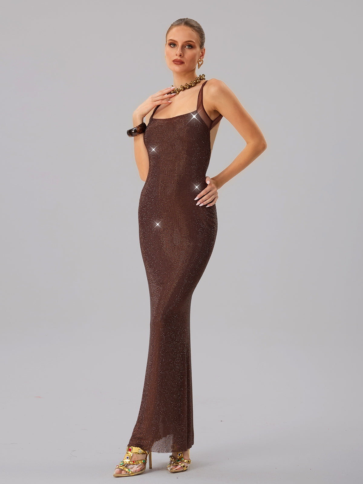 Backless Rhinestone Maxi Dress In Brown