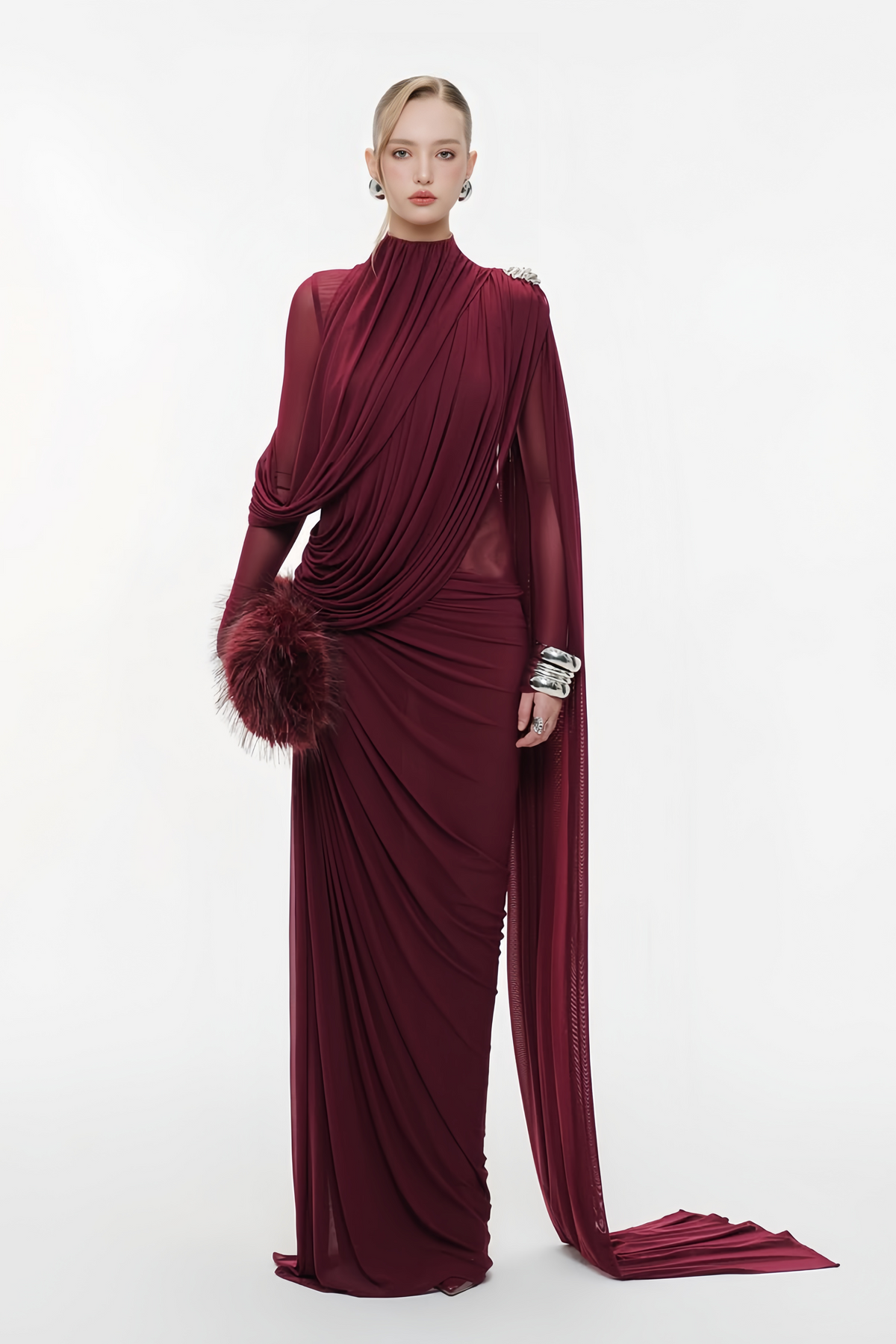 Red Asymmetrical Ribbon Ruched Maxi Dress