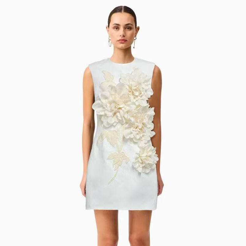 White Color Blocked 3D Petal Mini Dress