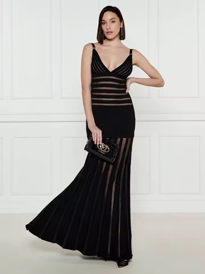 Deep V Backless Hollowed Out Slim Fit See Through Evening Maxi Dress