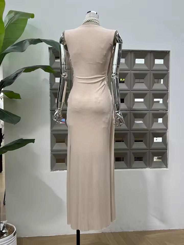 Mesh Folds Cross Weaving Design Bodycon Long Dress
