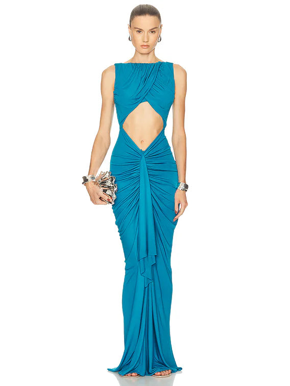 Deep V-neck Hollow Slim Pleated Navel Dress