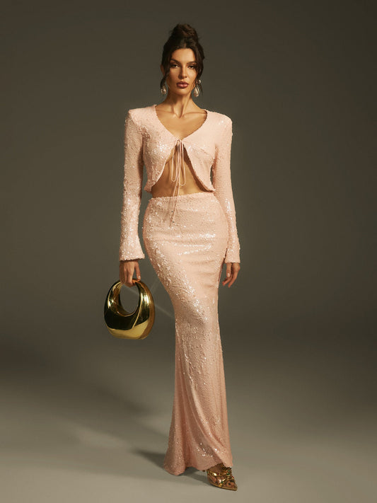 Lace-up Long Sleeve Cardigan + High Waist Pencil Skirt Sets 2 Piece Sets