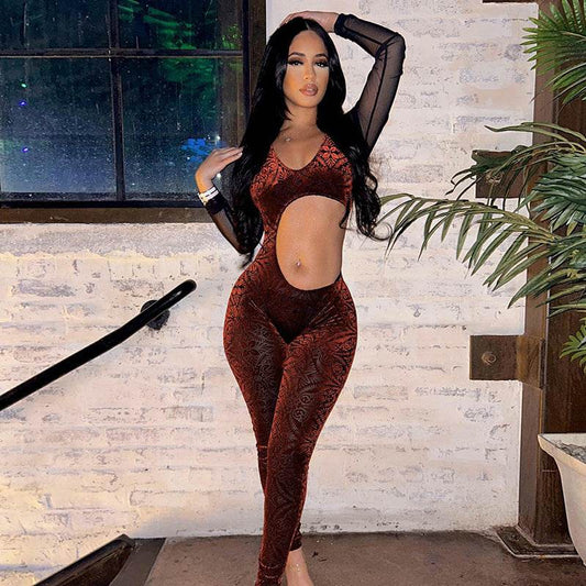 Mesh Long Sleeve U Neck Hollow Out Cutout Sexy jumpsuit - REBECATHELABEL