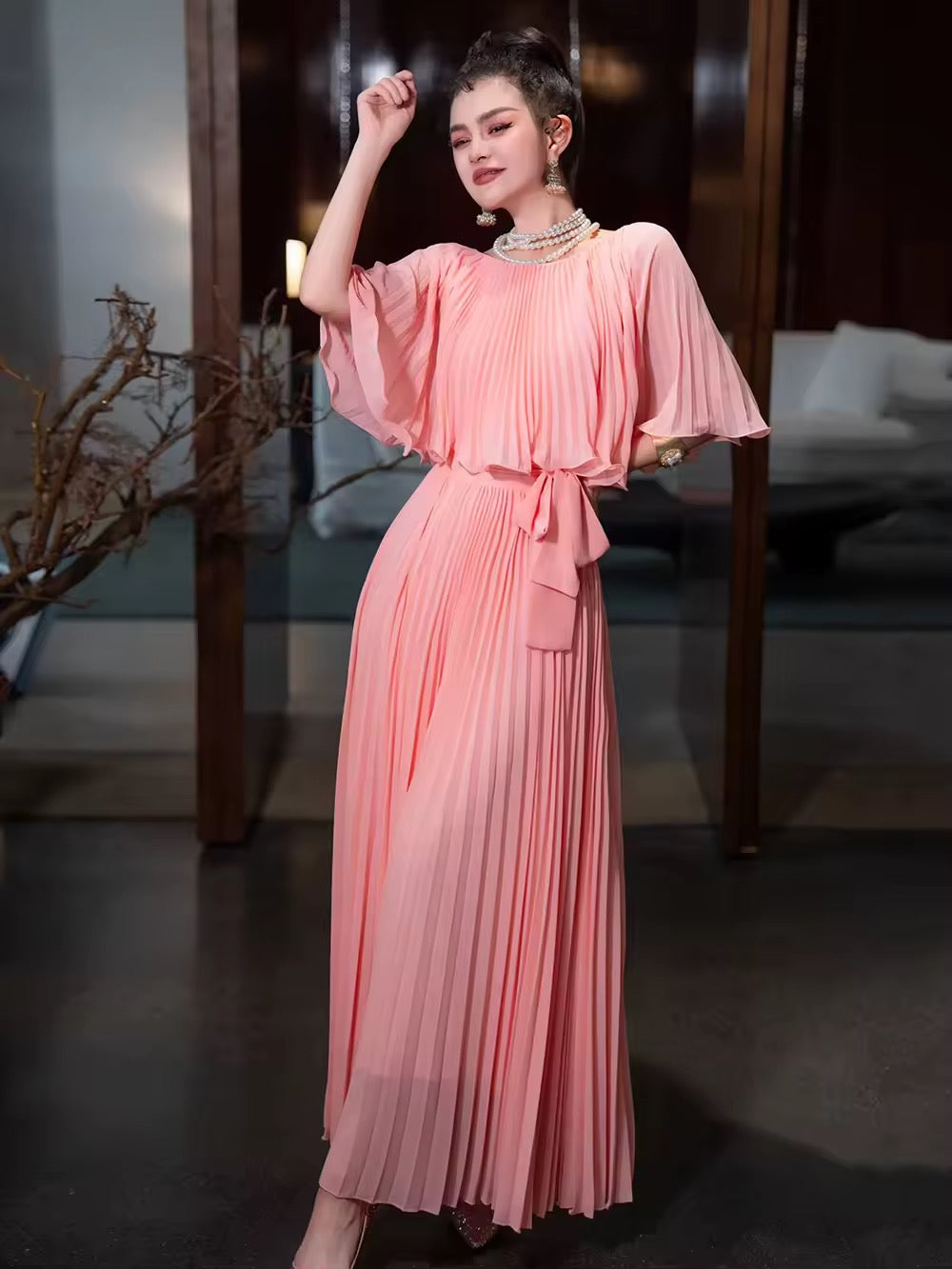 Round Neck Cape Fold Design Slimming Long Dress