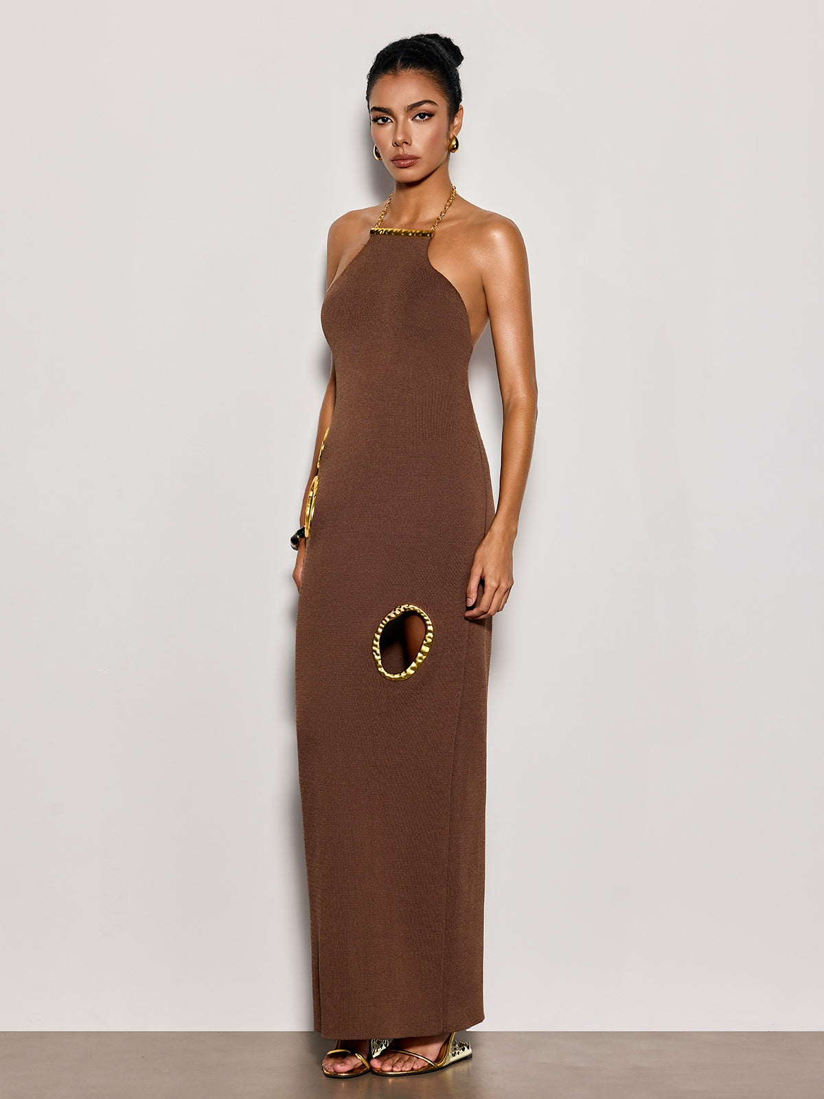 Halterneck Cutout Maxi Dress In Brown