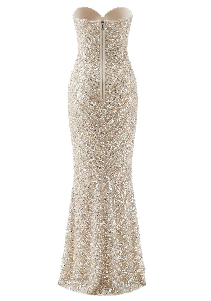 Embellished Strapless Bustier Maxi Dress Nude