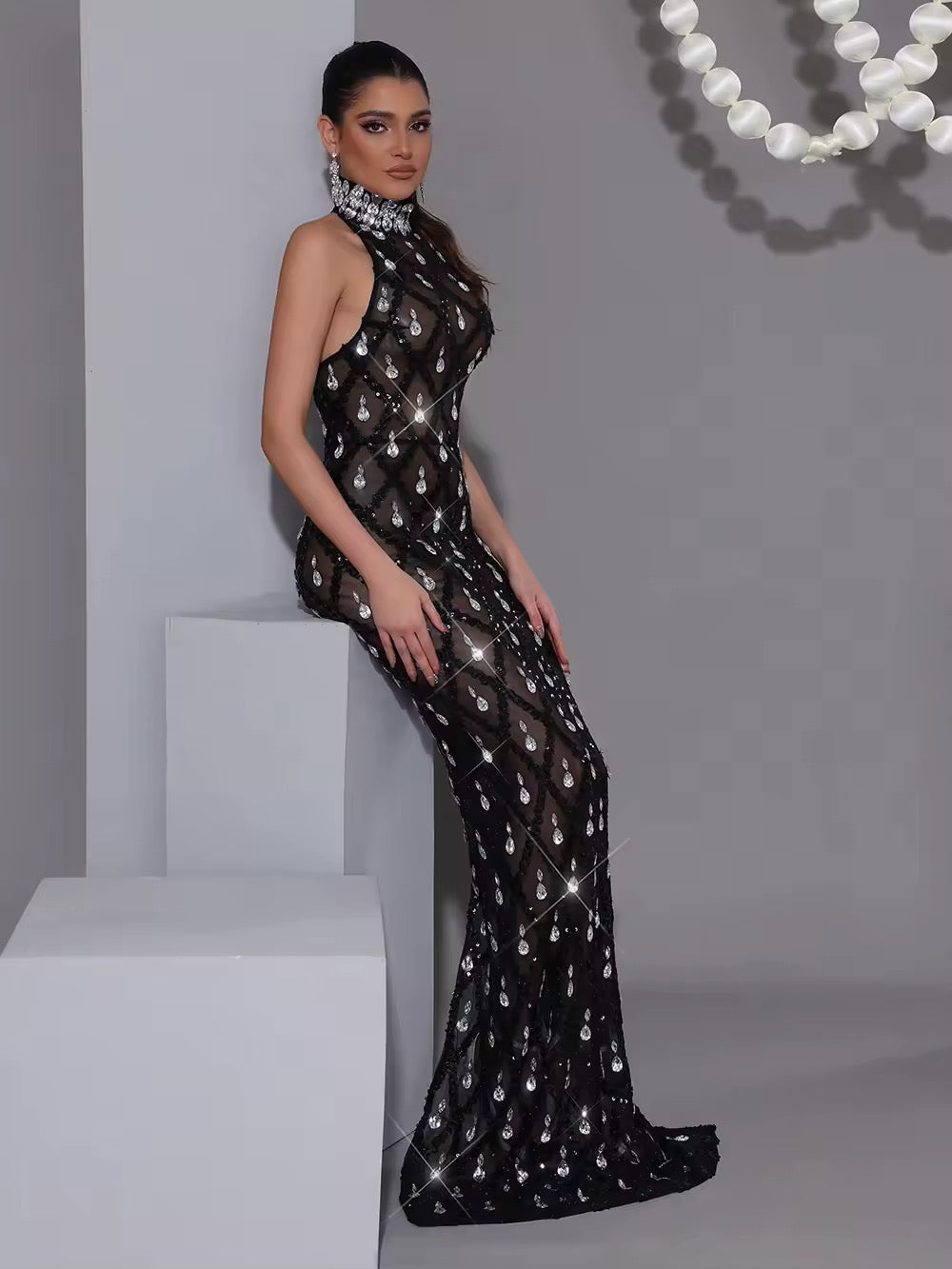 Sparkling Crystal Diamond Turtleneck Neck Mesh Bodycon Maxi Dress