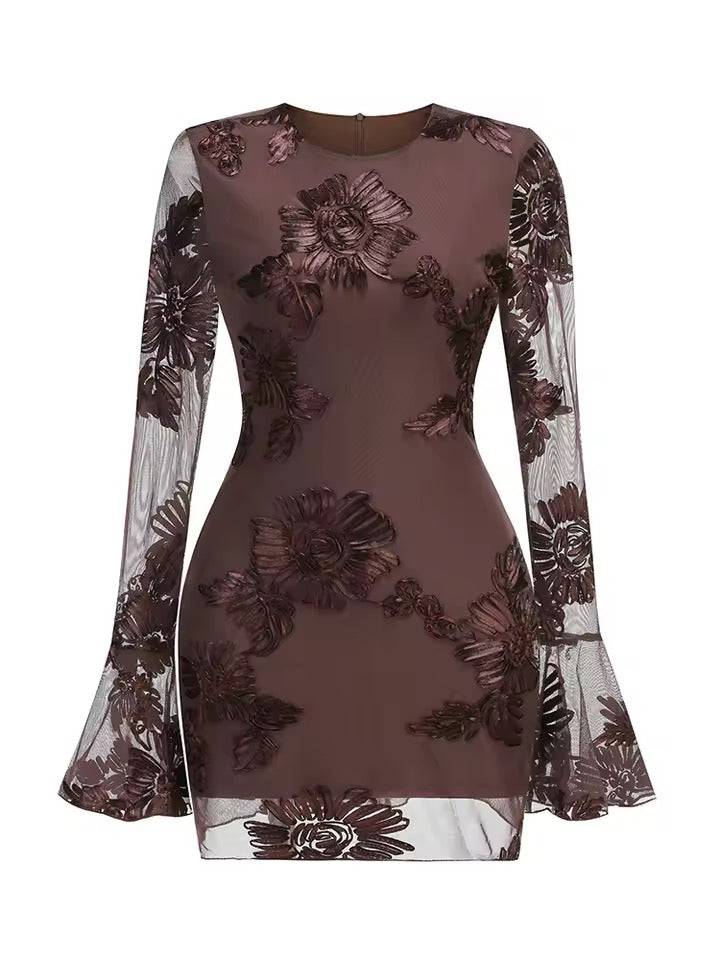 Cocktail Hour Elegance Chocolate Brown Floral Sheer Bell-Sleeve Mini Dress