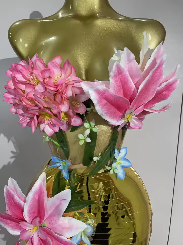 3D Flower Golden Mesh Top Bodycon Long Dress Two-Piece Set