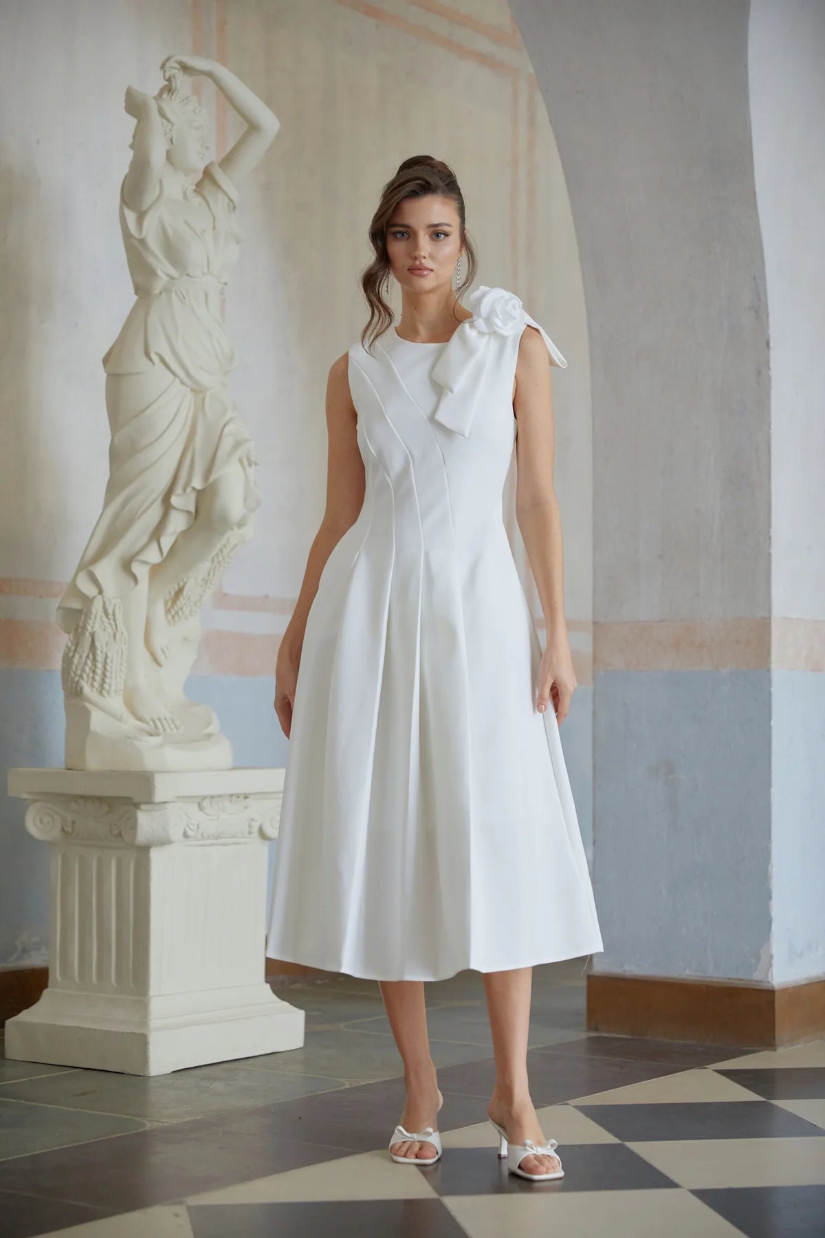 White Pleated Floral Midi Dress