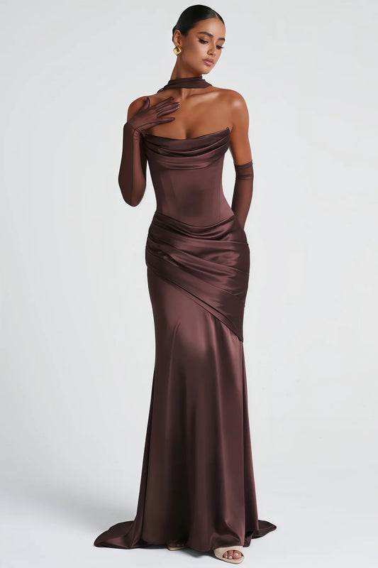 Brown Ruched Satin Maxi Dress
