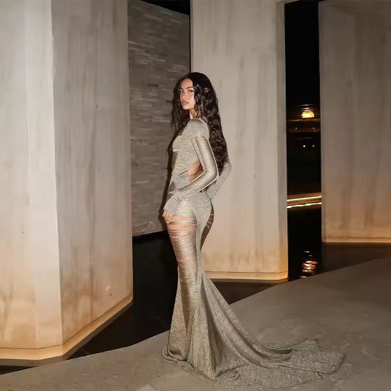 Hollow Out Backless Dress Full Sleeve Slim Floor-length Dress