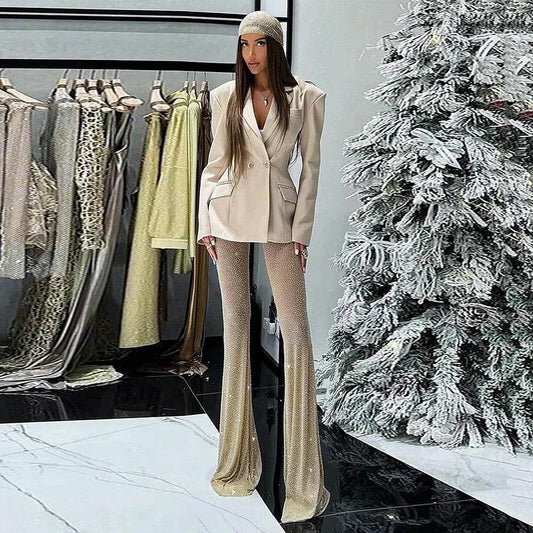 Two Piece diamond Long sleeved Double Button Suit Top set - REBECATHELABEL