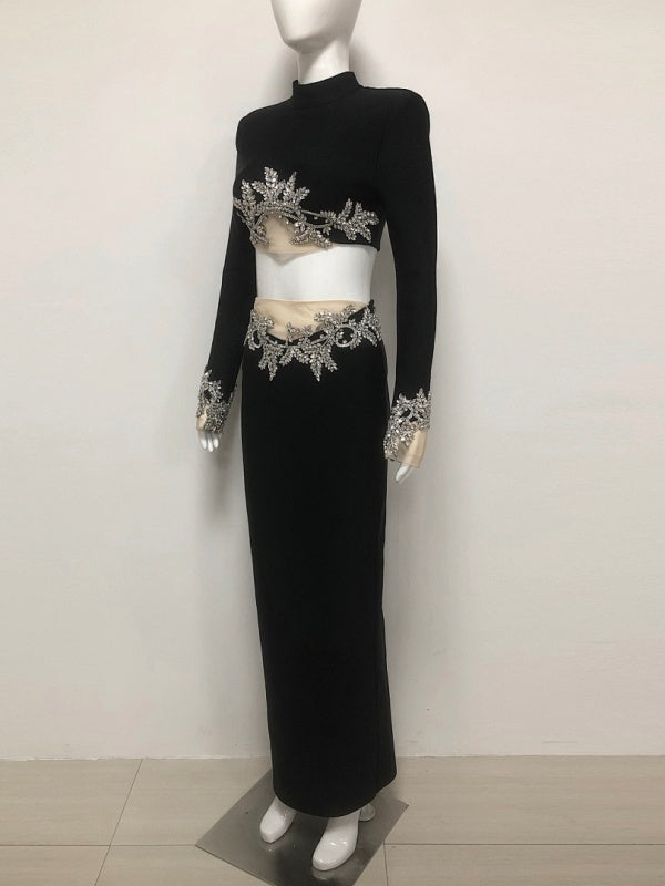 Long Sleeve Lace Patchwork Sequin Short Top with High Waist Pencil Skirt Two-Piece