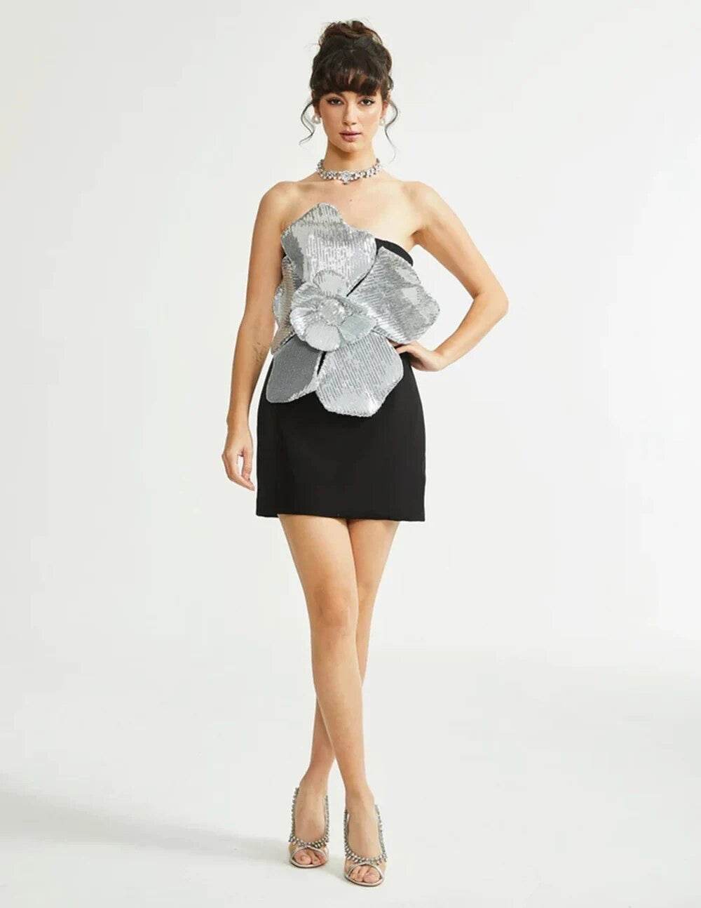 Strapless Sequins 3D Flower Tight Mini Dress - REBECATHELABEL