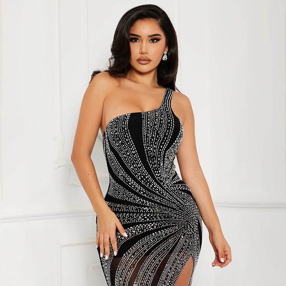Oblique Shoulder Sexy See Through Rhinestone Dress - REBECATHELABEL