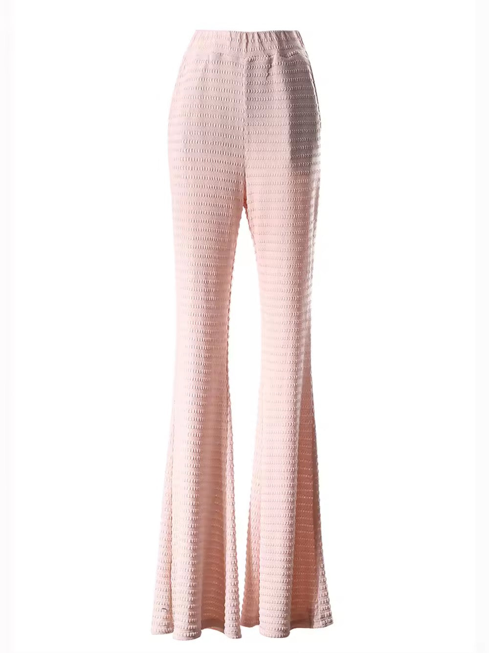 Pink Two Pieces Set Elastic Large Flower Crop Top+High Waist Flare Pants Set