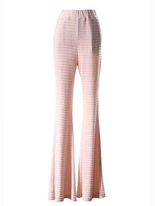 Pink Two Pieces Set Elastic Large Flower Crop Top+High Waist Flare Pants Set