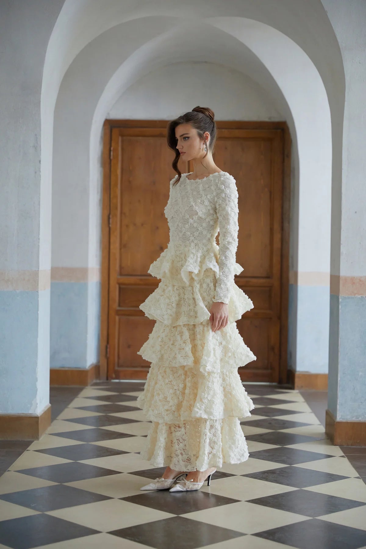 Neutral Tiered Floral Lace Maxi Dress