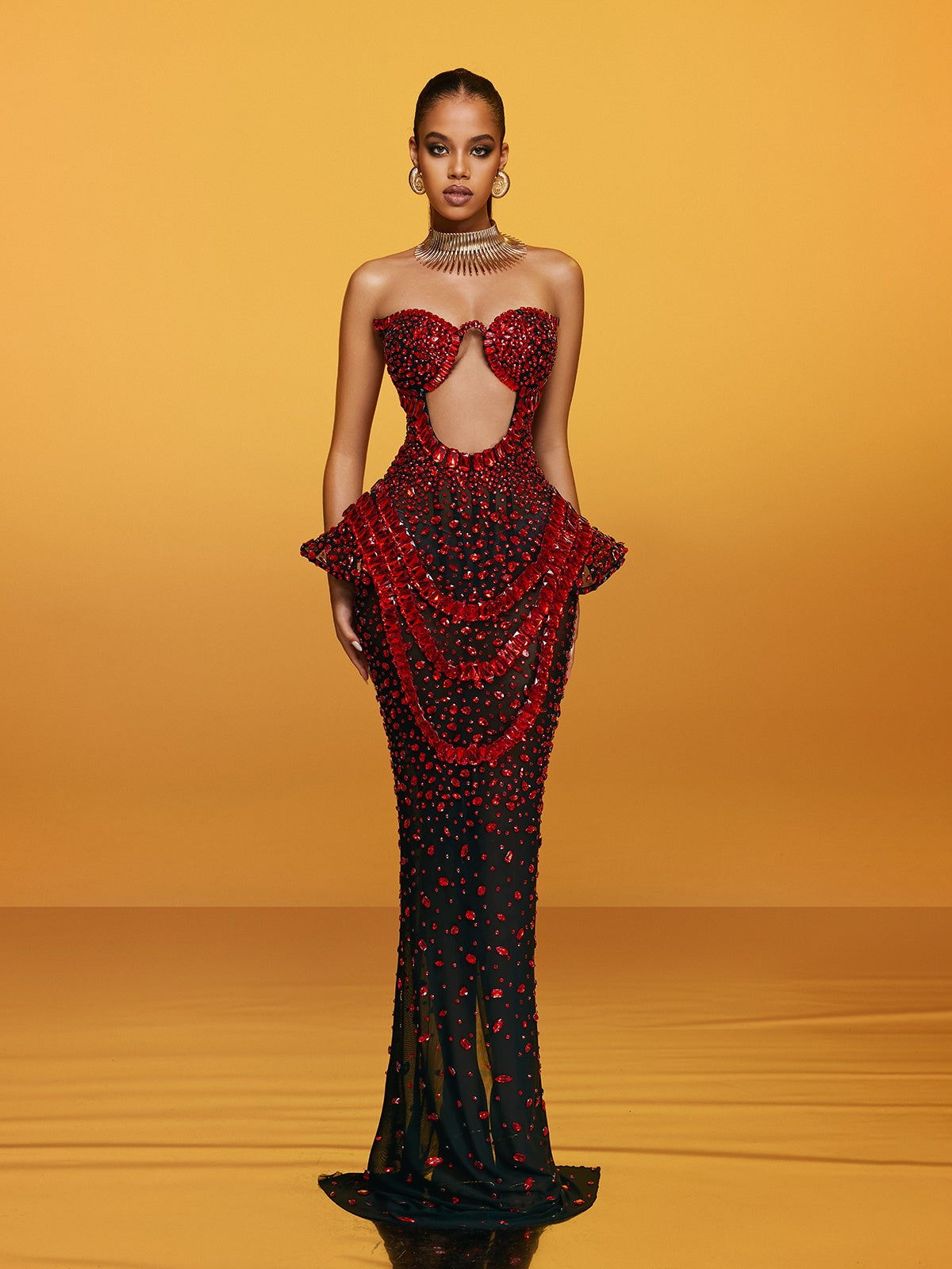 Strapless Cutout Crystal Maxi Dress In Wine